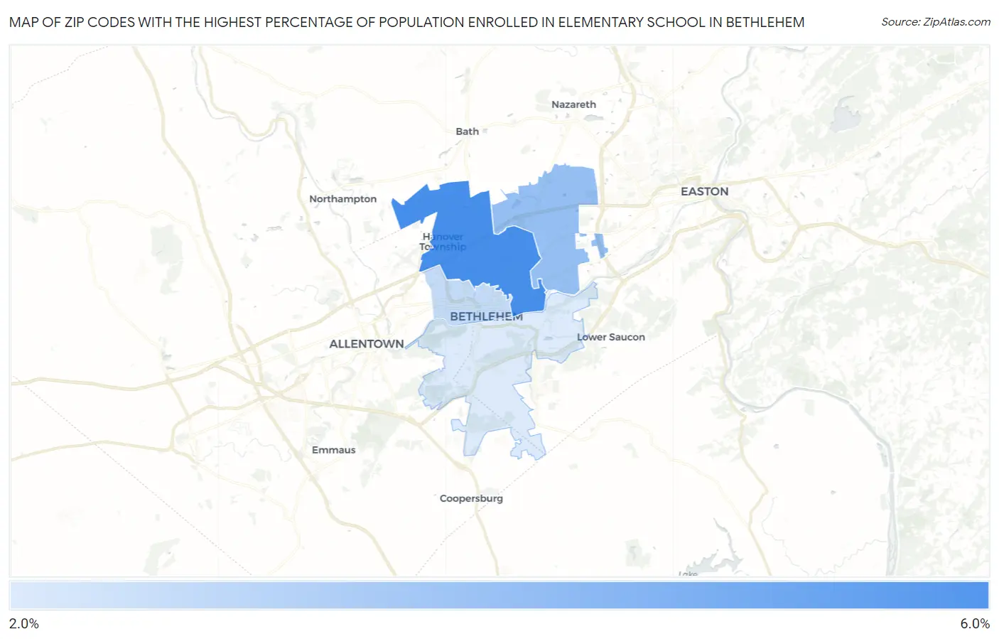 Zip Codes with the Highest Percentage of Population Enrolled in Elementary School in Bethlehem Map