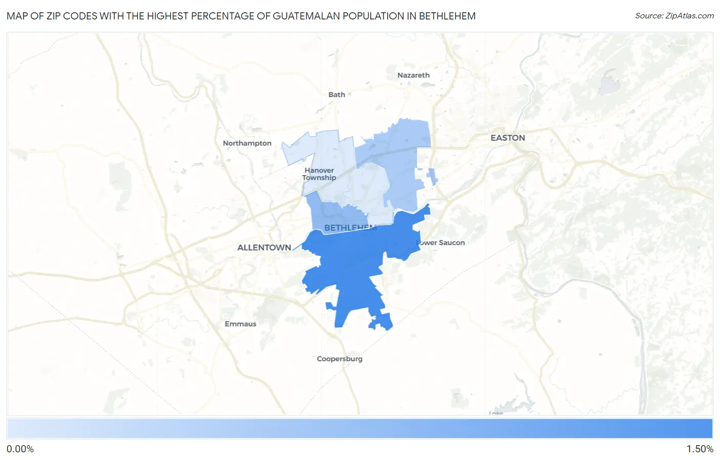Zip Codes with the Highest Percentage of Guatemalan Population in Bethlehem Map
