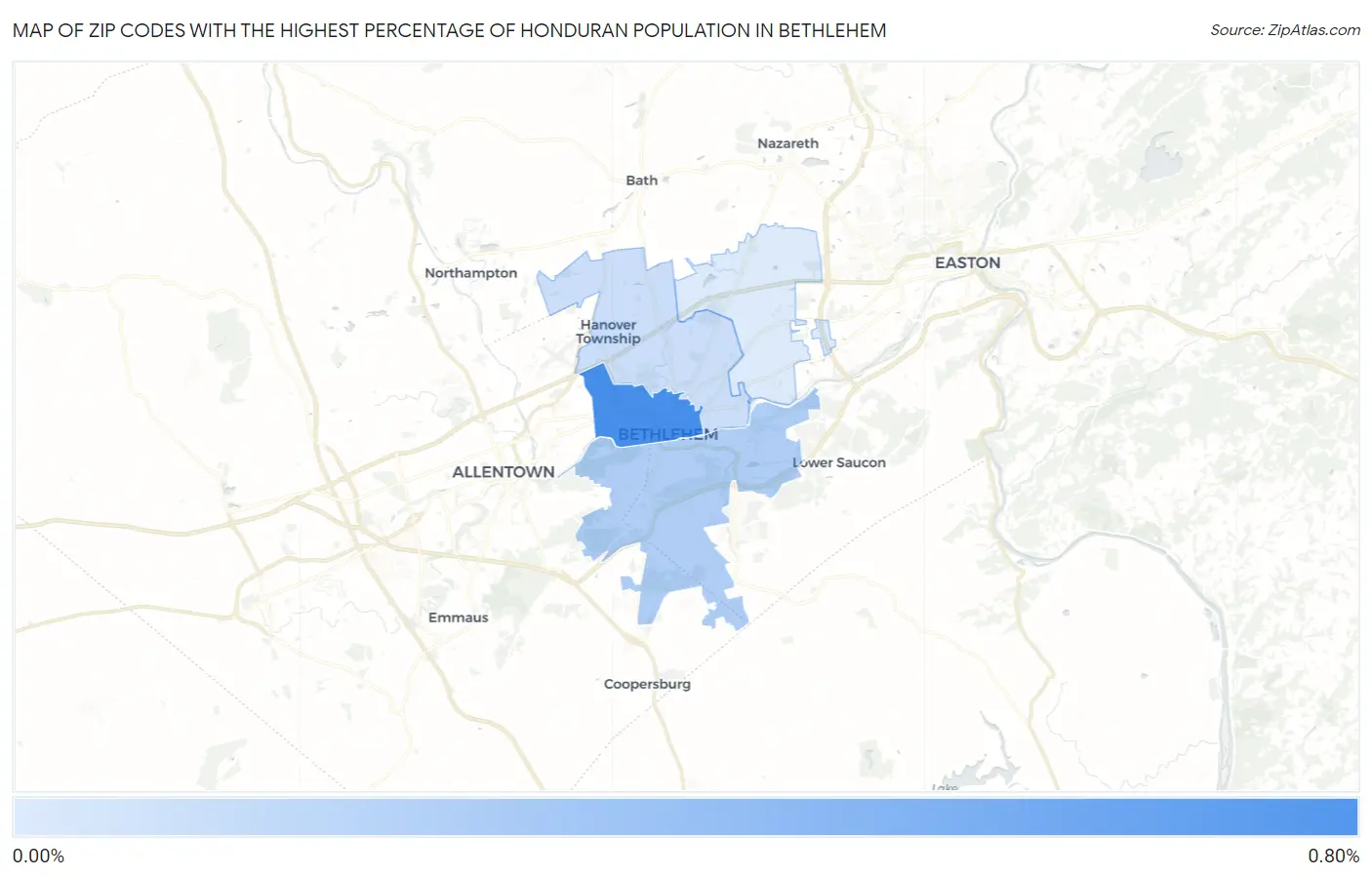 Zip Codes with the Highest Percentage of Honduran Population in Bethlehem Map