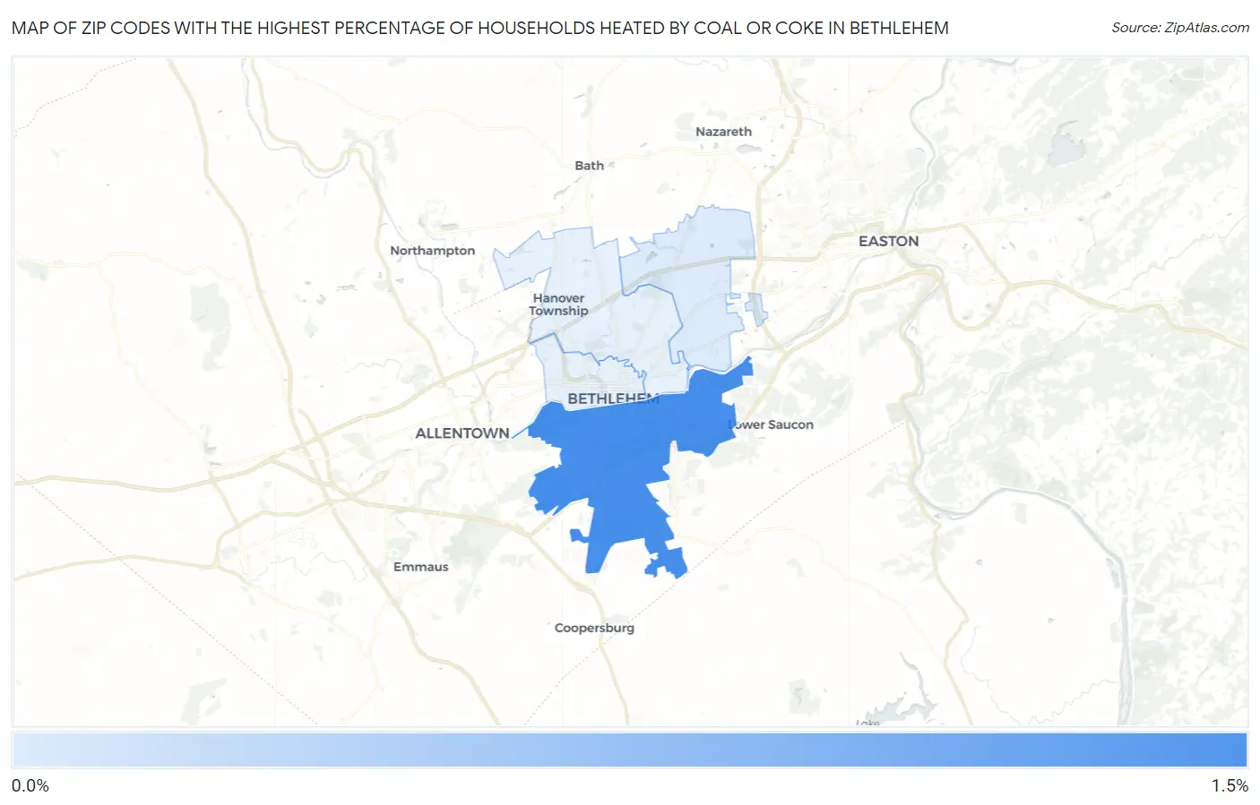 Zip Codes with the Highest Percentage of Households Heated by Coal or Coke in Bethlehem Map