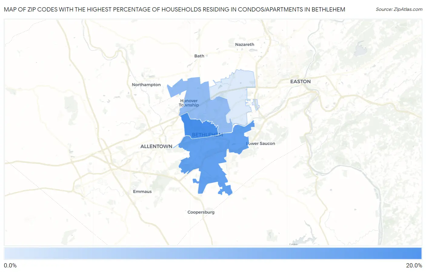 Zip Codes with the Highest Percentage of Households Residing in Condos/Apartments in Bethlehem Map