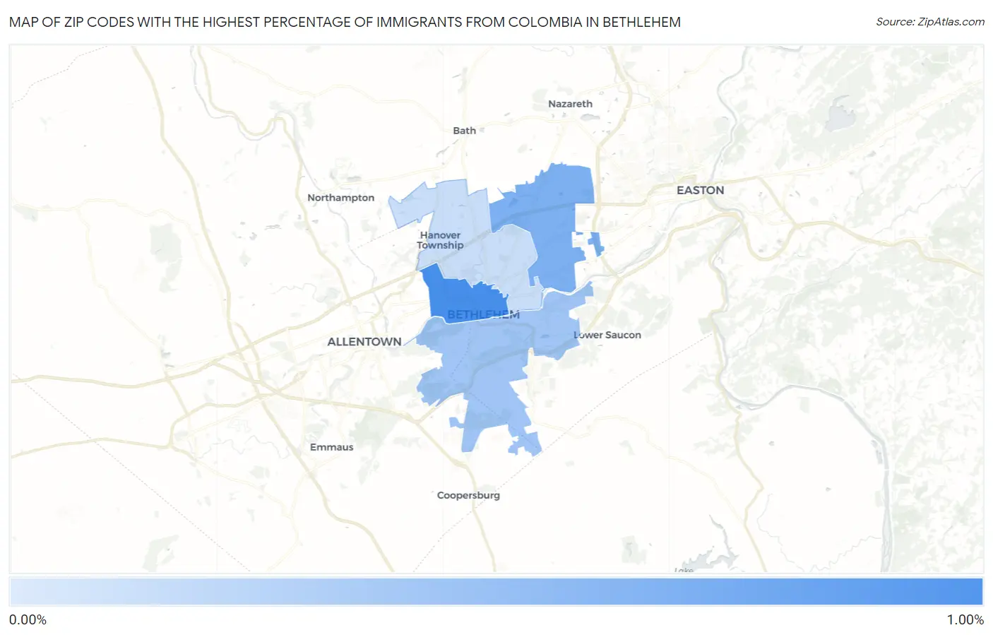 Zip Codes with the Highest Percentage of Immigrants from Colombia in Bethlehem Map