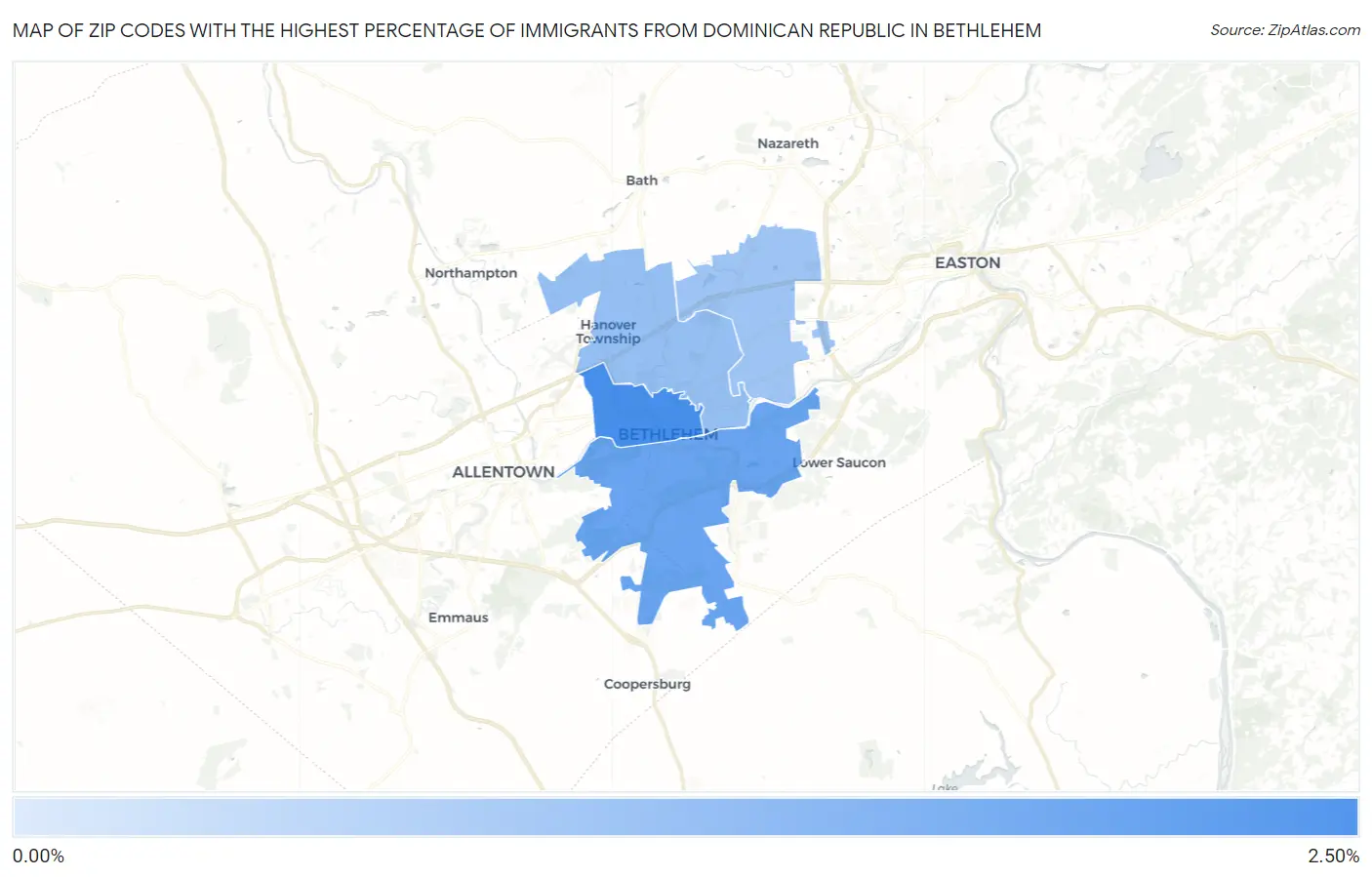 Zip Codes with the Highest Percentage of Immigrants from Dominican Republic in Bethlehem Map