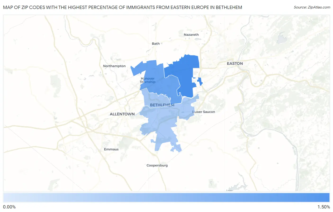 Zip Codes with the Highest Percentage of Immigrants from Eastern Europe in Bethlehem Map