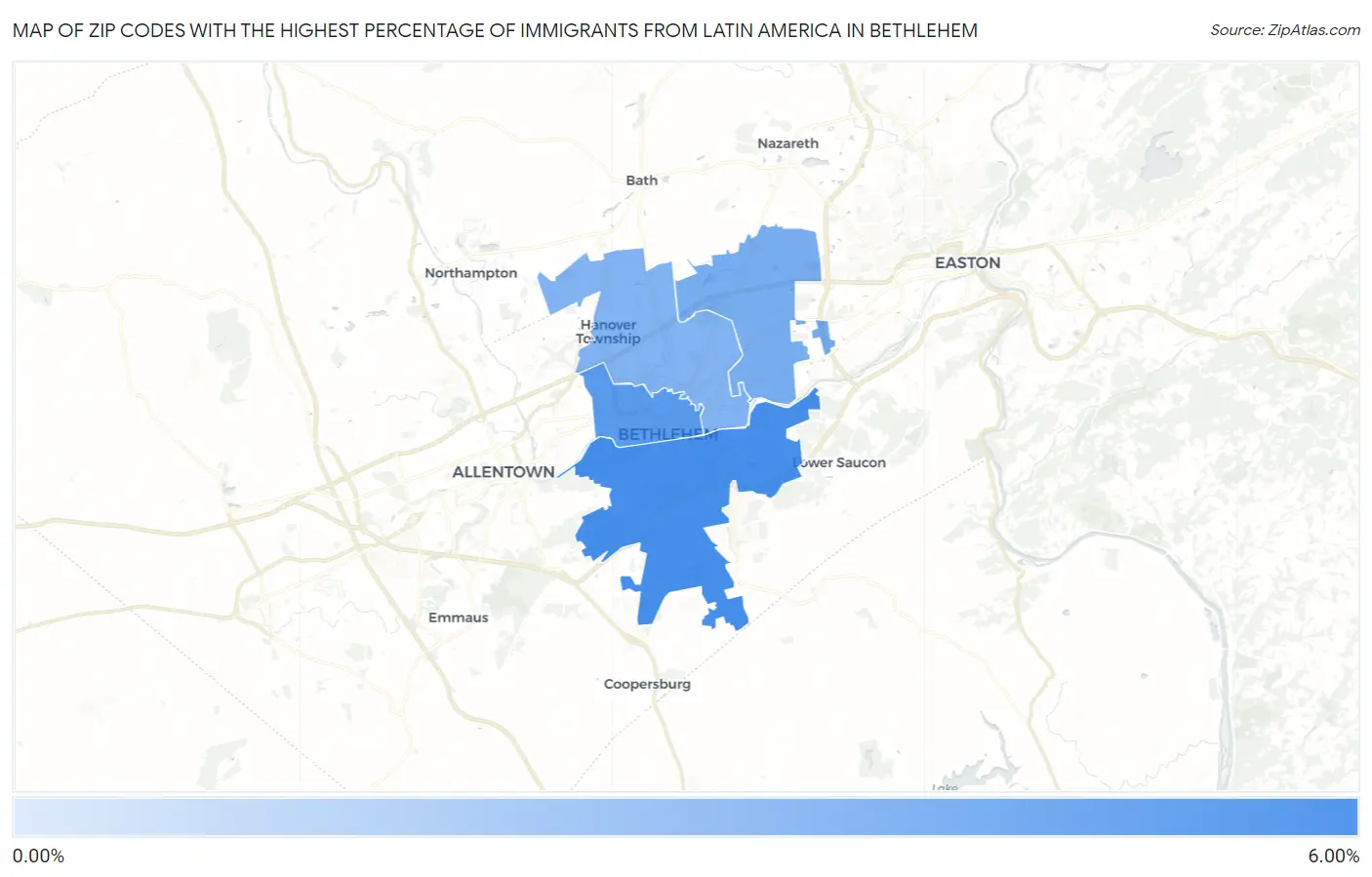 Zip Codes with the Highest Percentage of Immigrants from Latin America in Bethlehem Map
