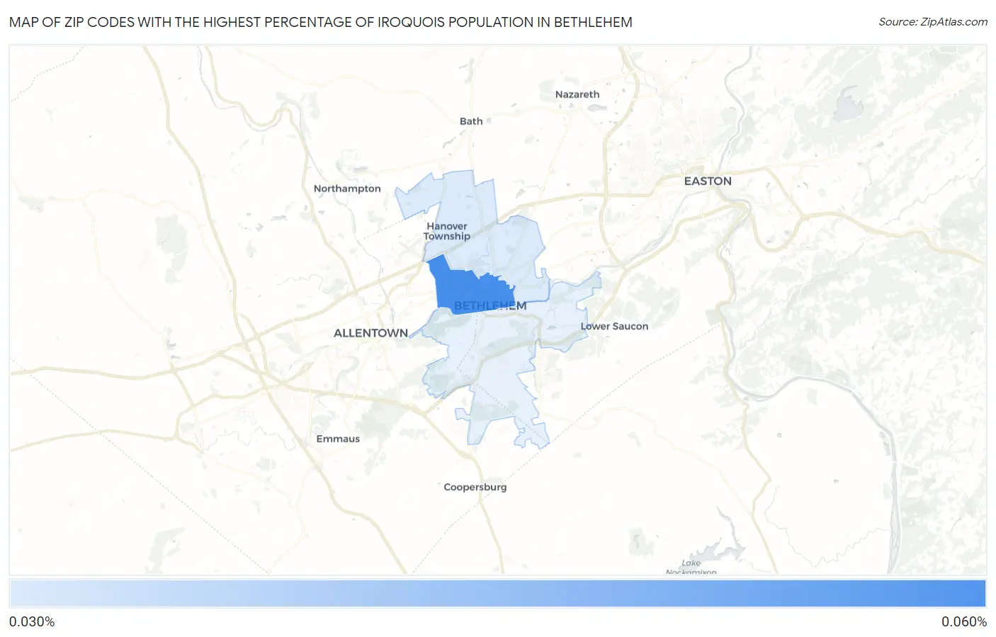 Zip Codes with the Highest Percentage of Iroquois Population in Bethlehem Map