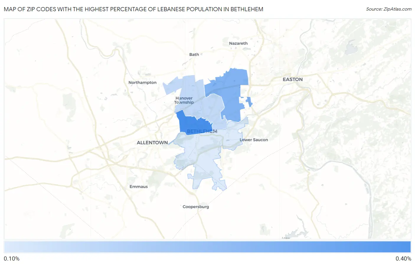 Zip Codes with the Highest Percentage of Lebanese Population in Bethlehem Map