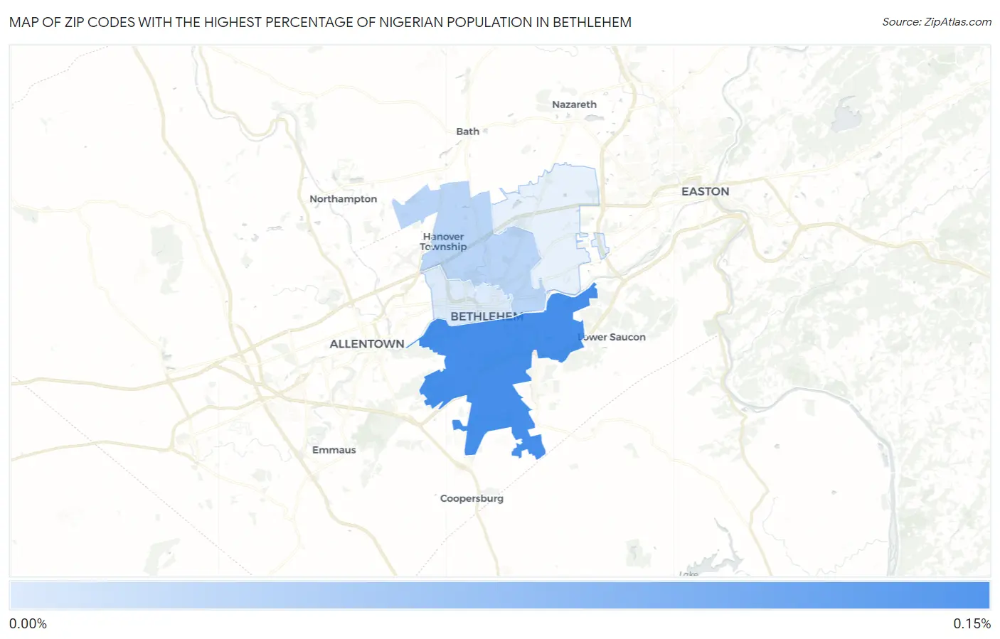 Zip Codes with the Highest Percentage of Nigerian Population in Bethlehem Map