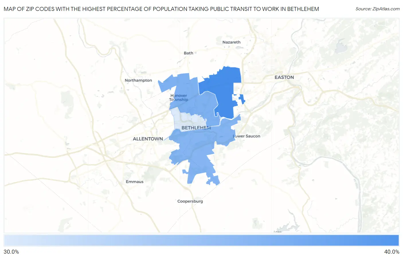 Zip Codes with the Highest Percentage of Population Taking Public Transit to Work in Bethlehem Map