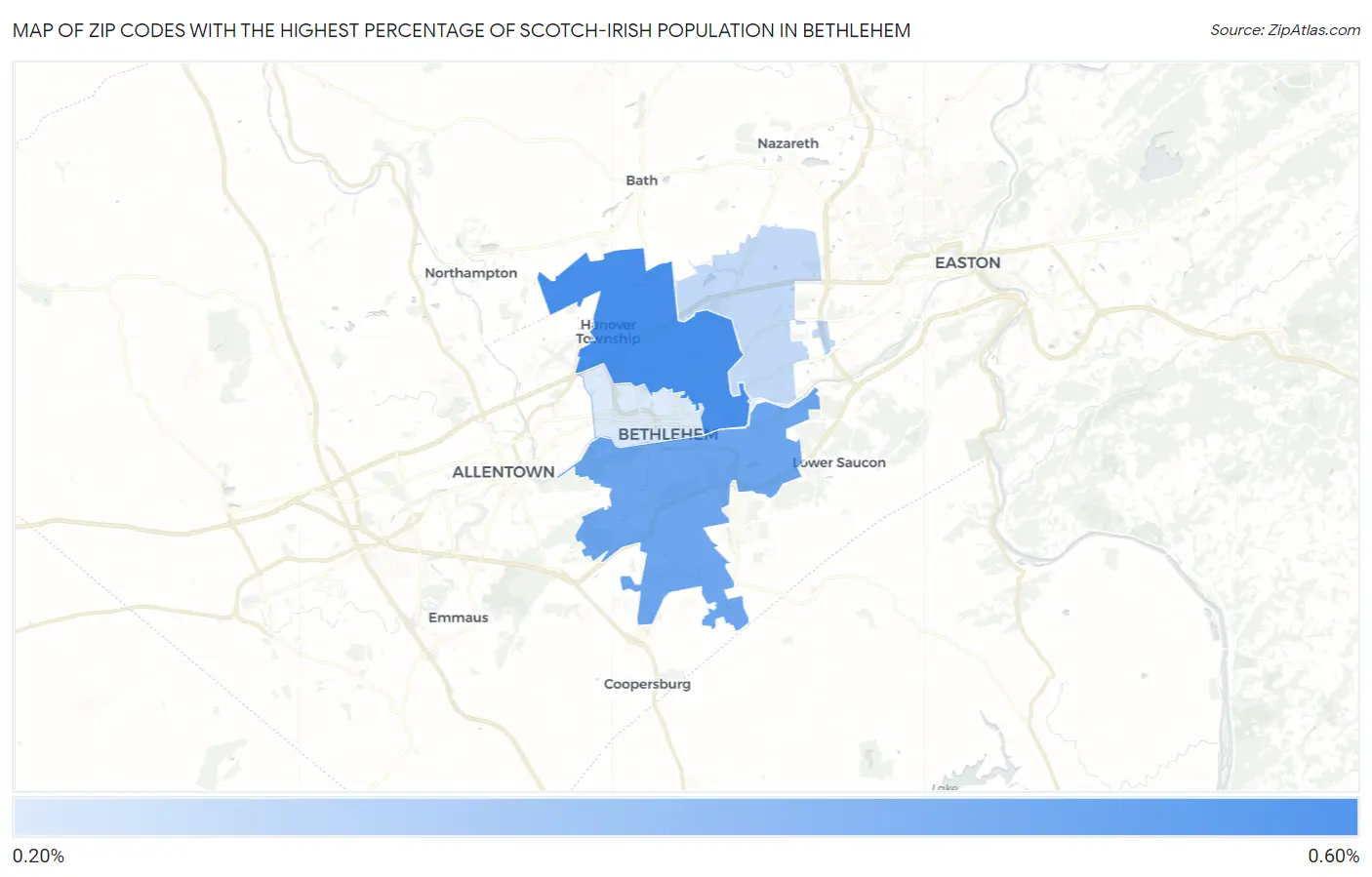 Zip Codes with the Highest Percentage of Scotch-Irish Population in Bethlehem Map