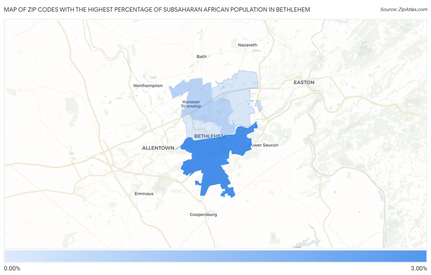 Zip Codes with the Highest Percentage of Subsaharan African Population in Bethlehem Map
