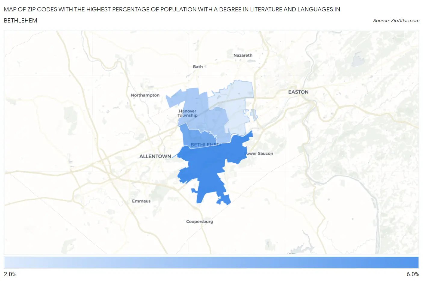 Zip Codes with the Highest Percentage of Population with a Degree in Literature and Languages in Bethlehem Map