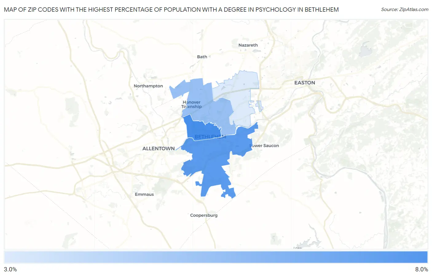 Zip Codes with the Highest Percentage of Population with a Degree in Psychology in Bethlehem Map