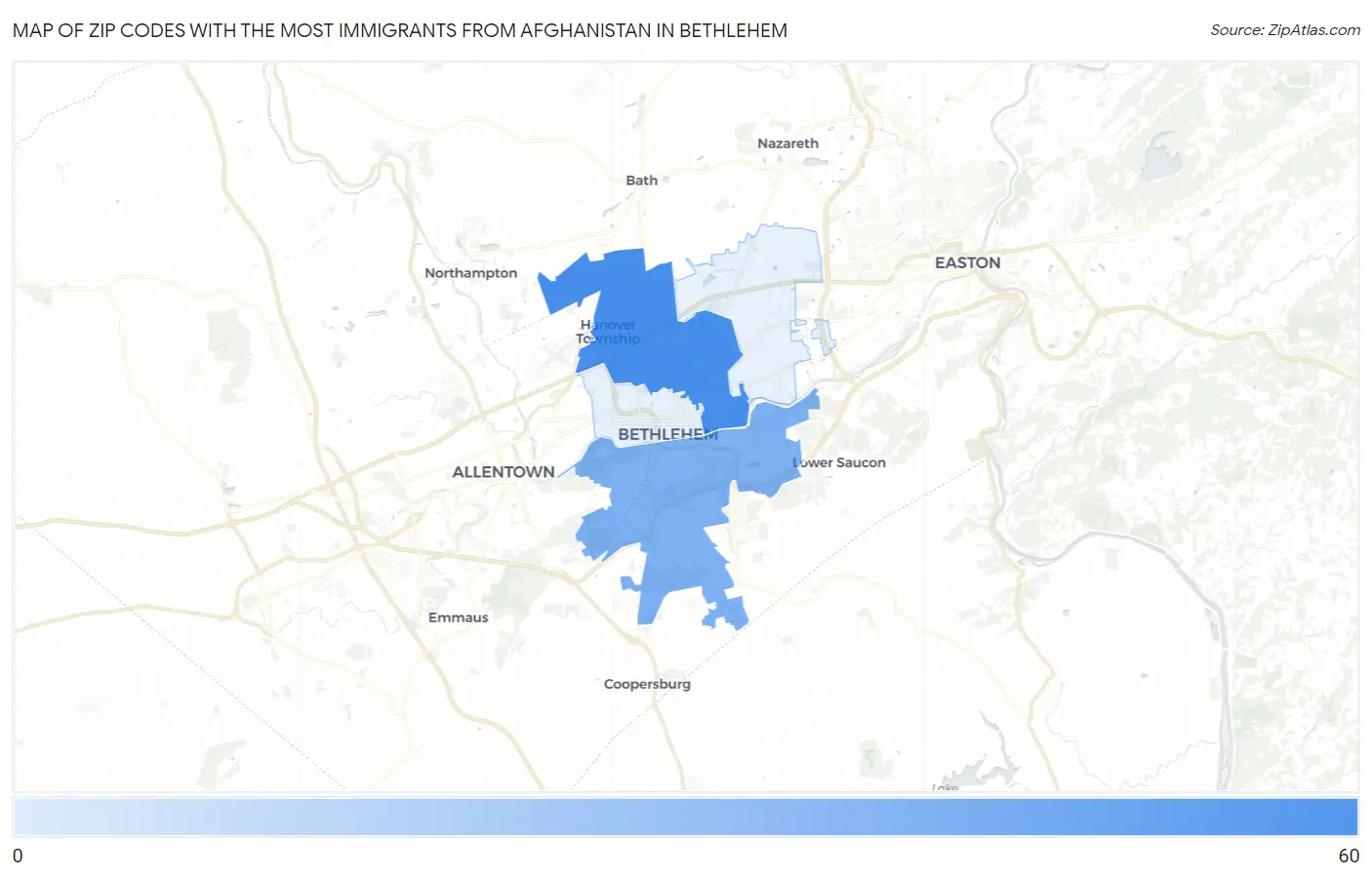 Zip Codes with the Most Immigrants from Afghanistan in Bethlehem Map