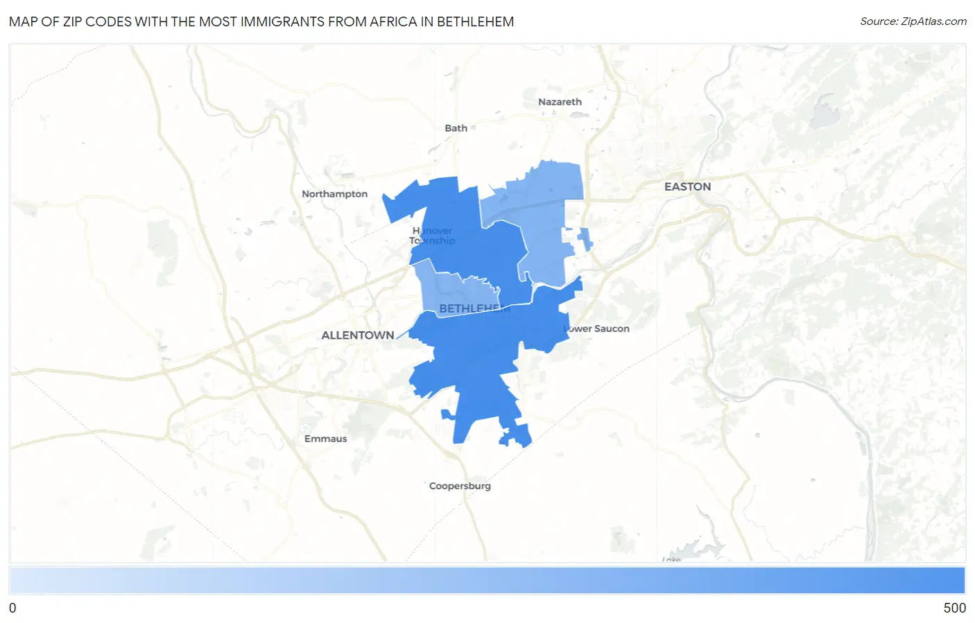 Zip Codes with the Most Immigrants from Africa in Bethlehem Map