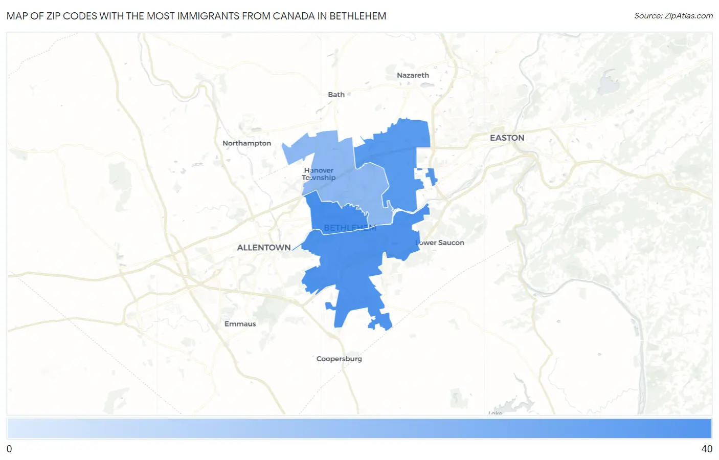 Zip Codes with the Most Immigrants from Canada in Bethlehem Map