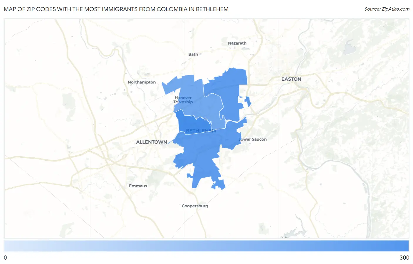 Zip Codes with the Most Immigrants from Colombia in Bethlehem Map