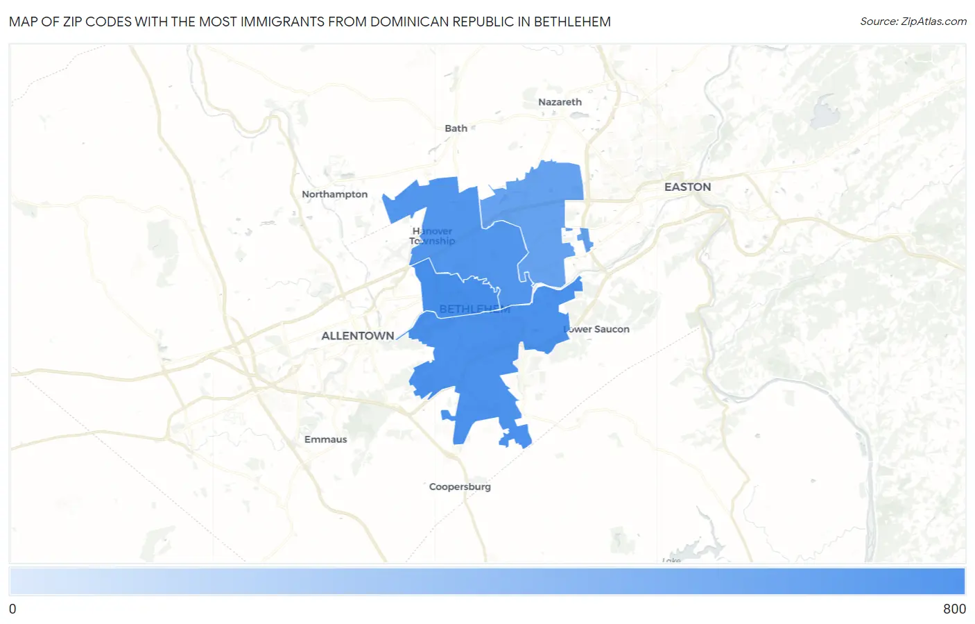 Zip Codes with the Most Immigrants from Dominican Republic in Bethlehem Map