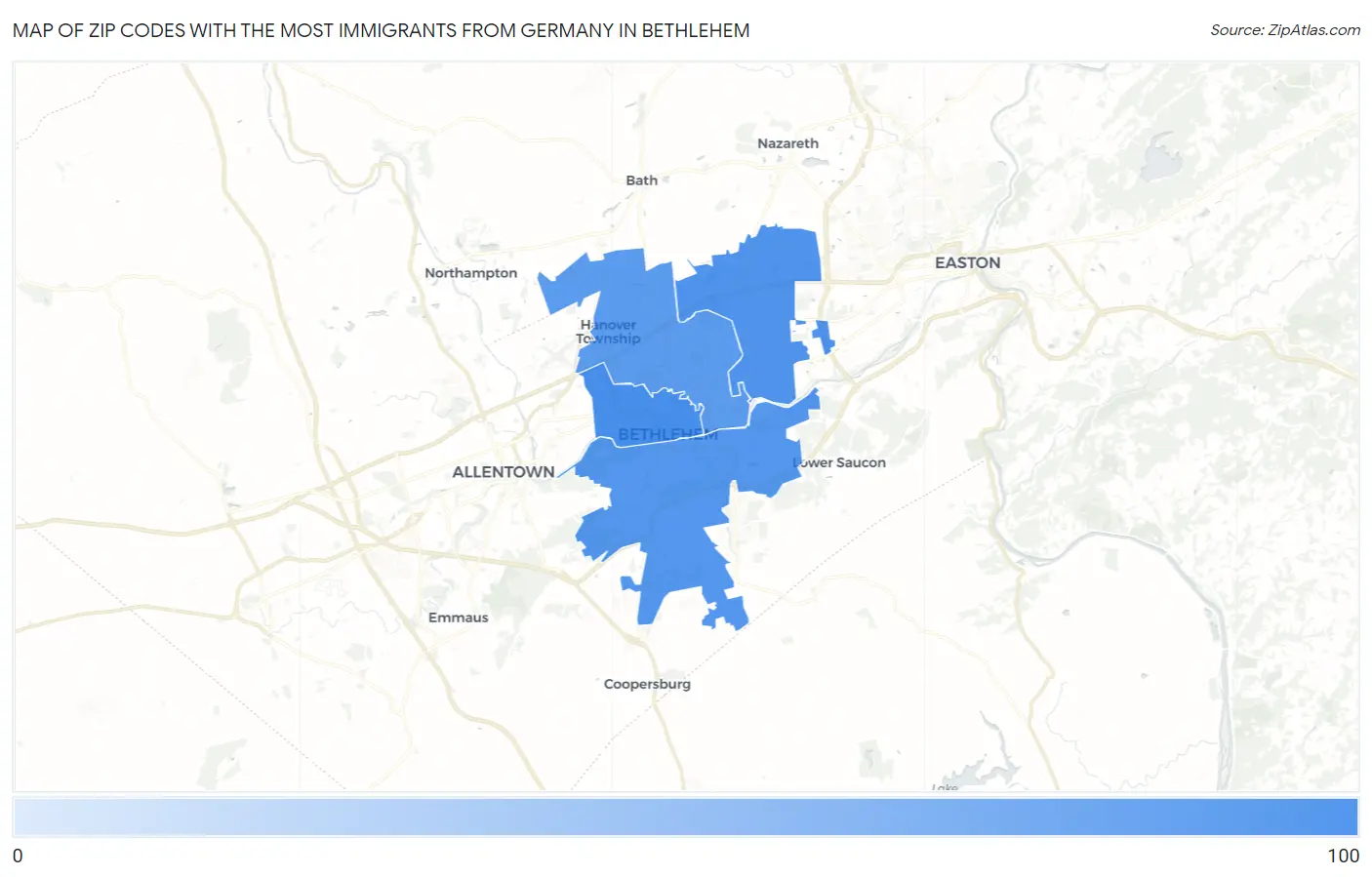 Zip Codes with the Most Immigrants from Germany in Bethlehem Map