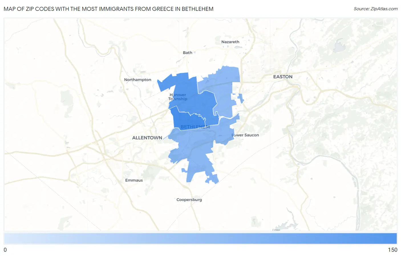 Zip Codes with the Most Immigrants from Greece in Bethlehem Map
