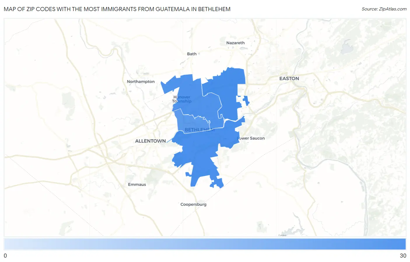 Zip Codes with the Most Immigrants from Guatemala in Bethlehem Map