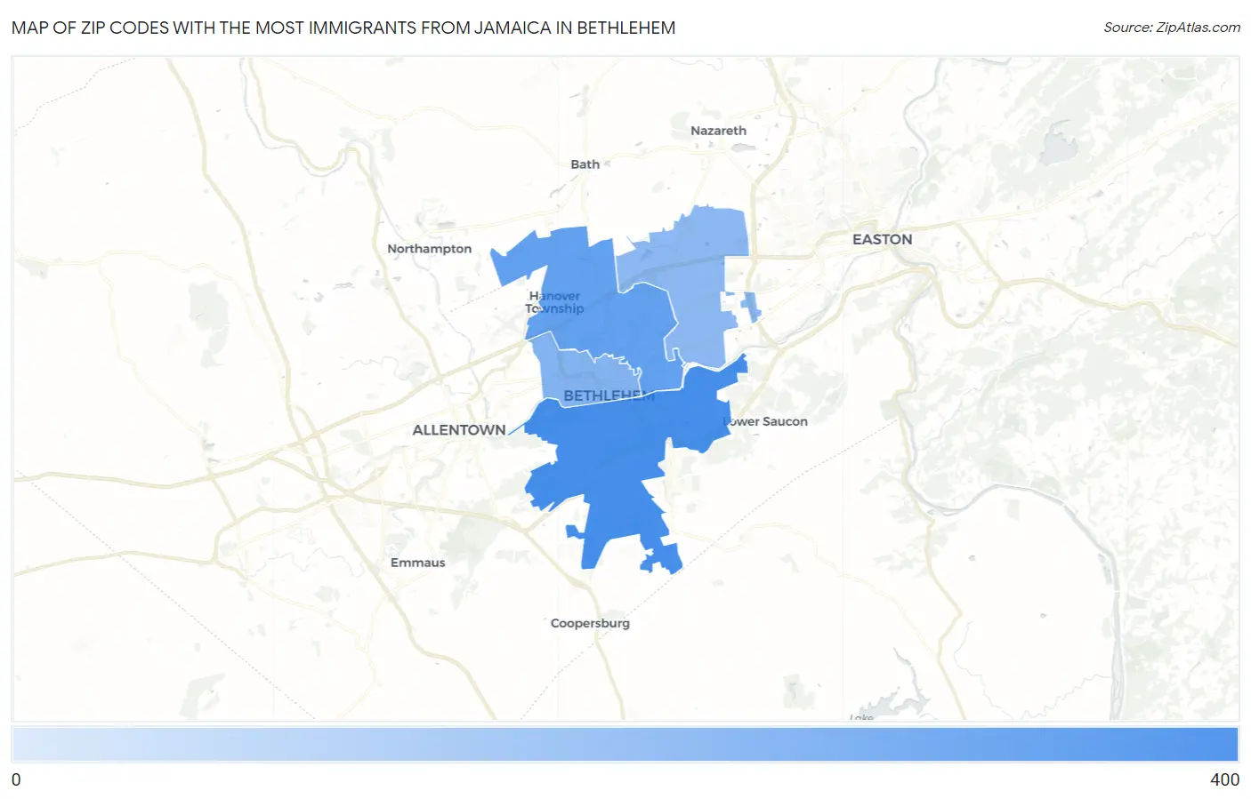 Zip Codes with the Most Immigrants from Jamaica in Bethlehem Map