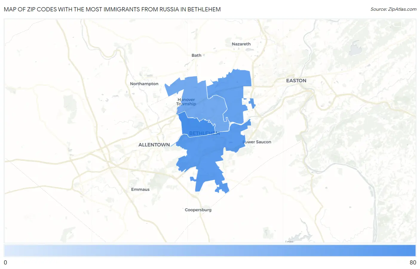 Zip Codes with the Most Immigrants from Russia in Bethlehem Map