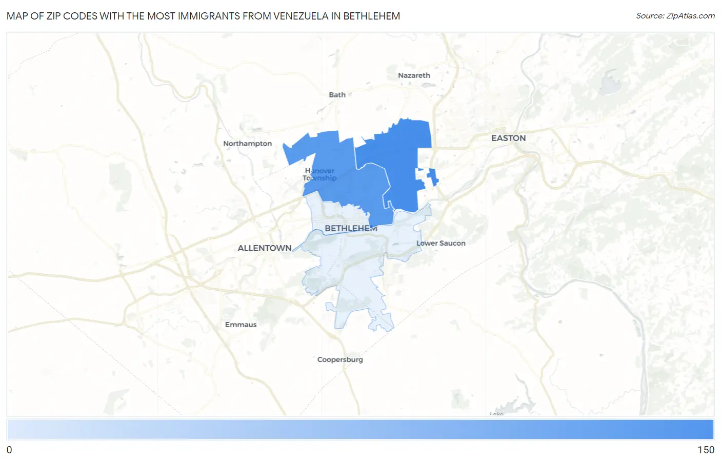Zip Codes with the Most Immigrants from Venezuela in Bethlehem Map
