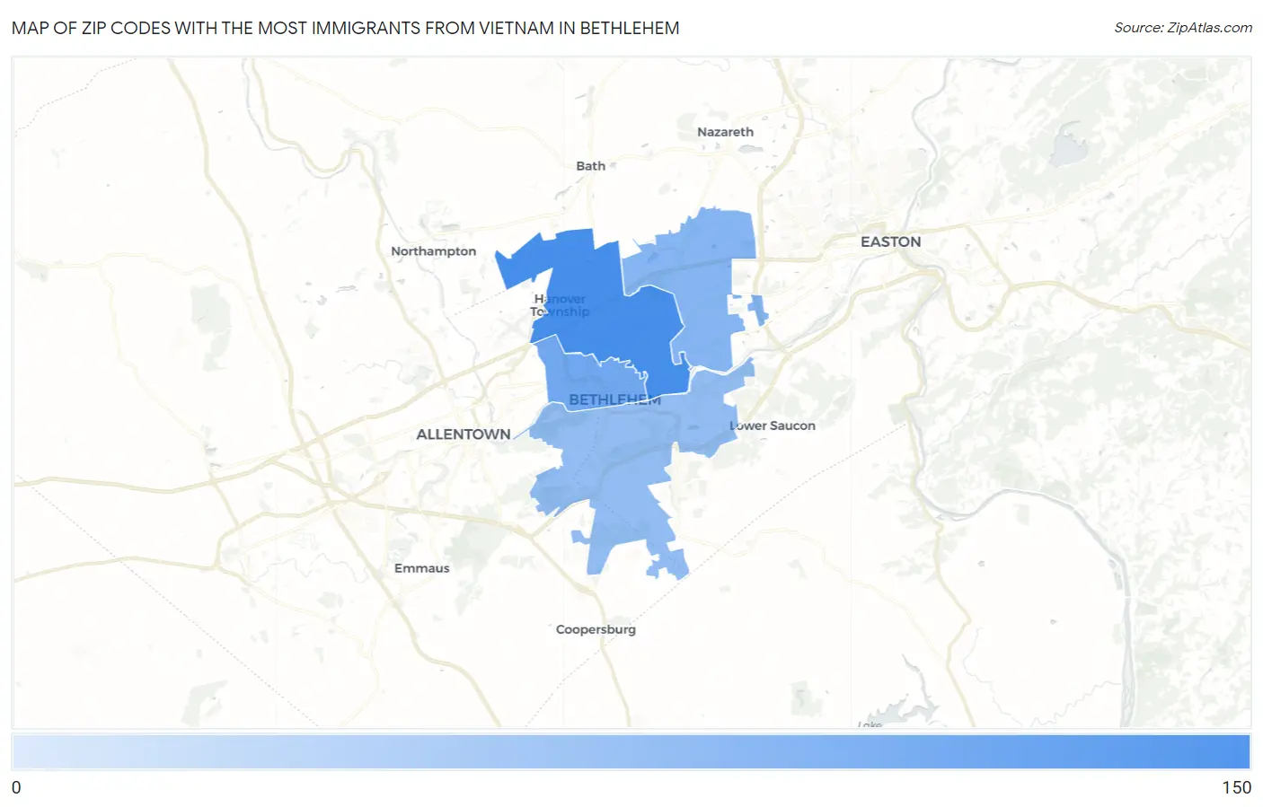 Zip Codes with the Most Immigrants from Vietnam in Bethlehem Map