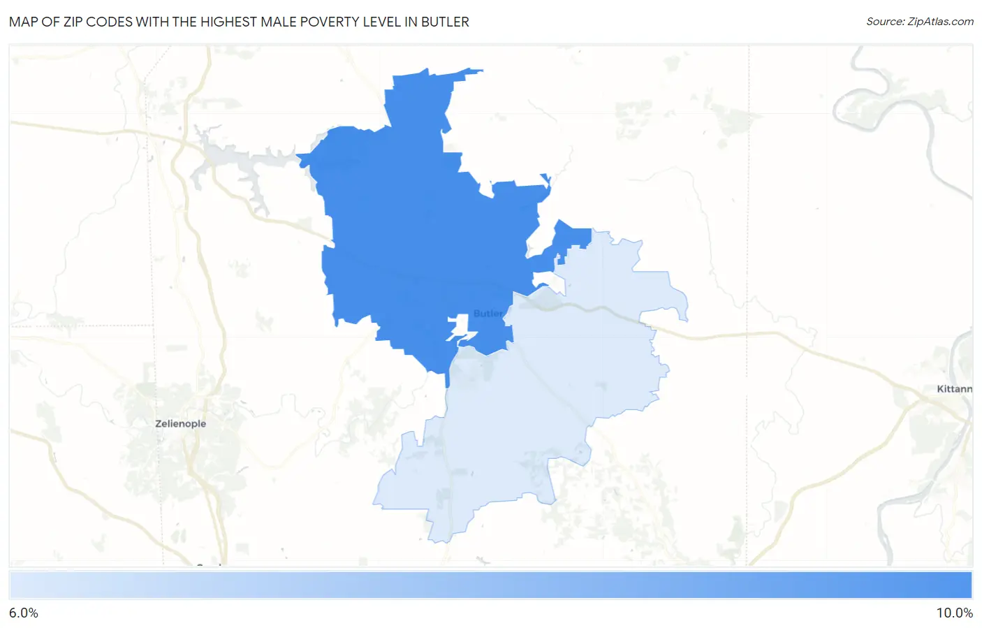 Zip Codes with the Highest Male Poverty Level in Butler Map