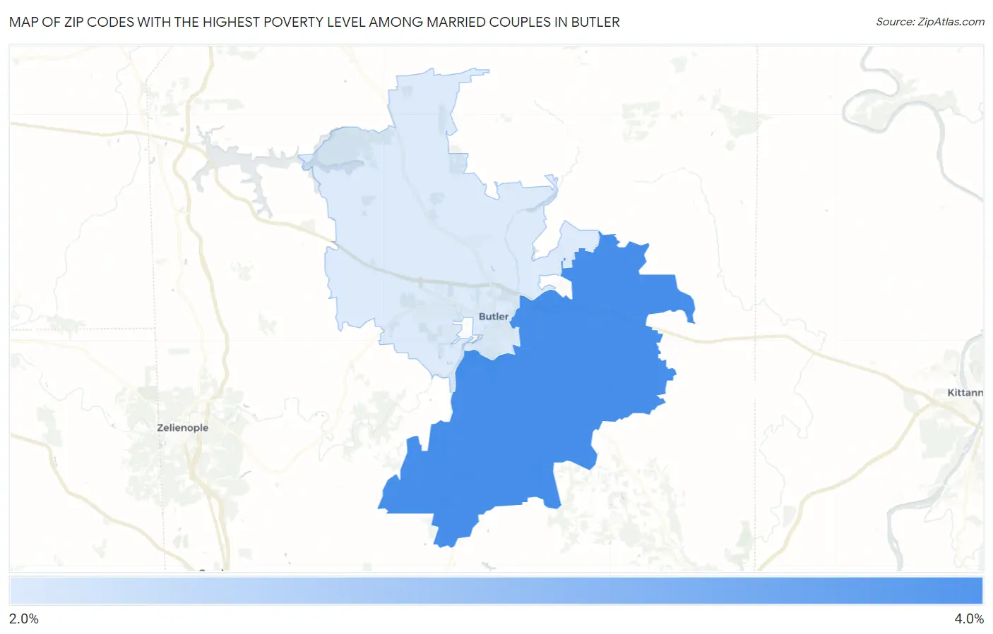 Zip Codes with the Highest Poverty Level Among Married Couples in Butler Map