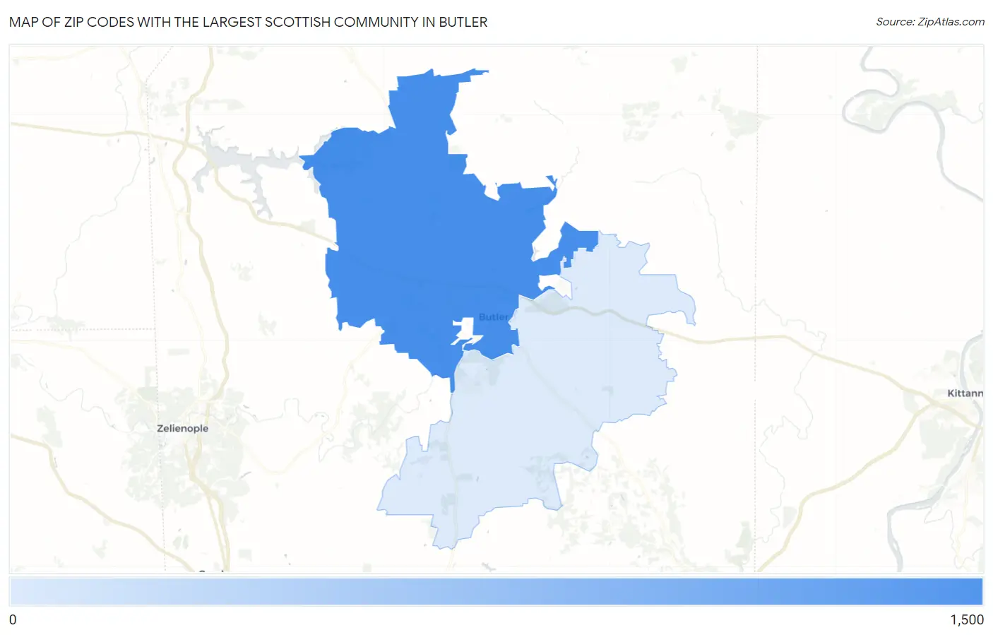Zip Codes with the Largest Scottish Community in Butler Map