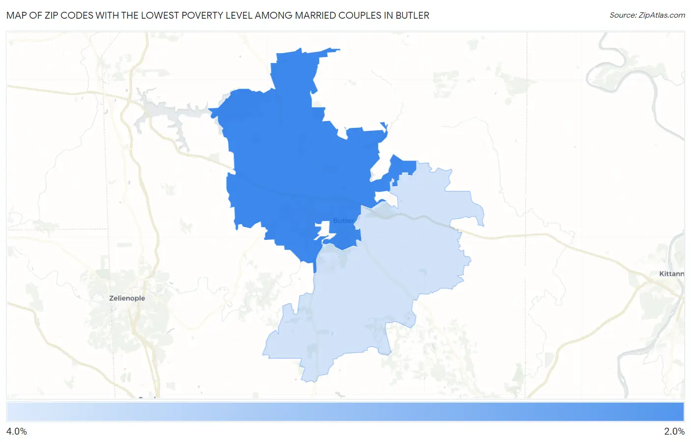 Zip Codes with the Lowest Poverty Level Among Married Couples in Butler Map