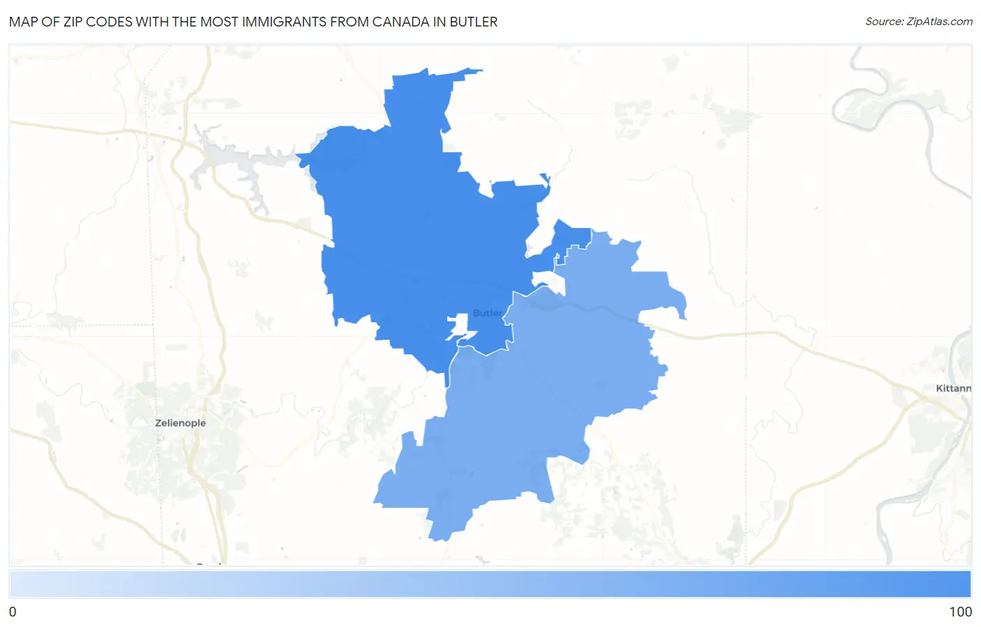 Zip Codes with the Most Immigrants from Canada in Butler Map