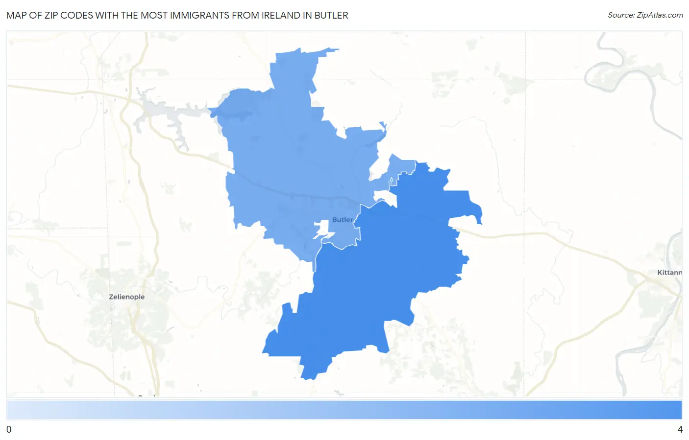 Zip Codes with the Most Immigrants from Ireland in Butler Map