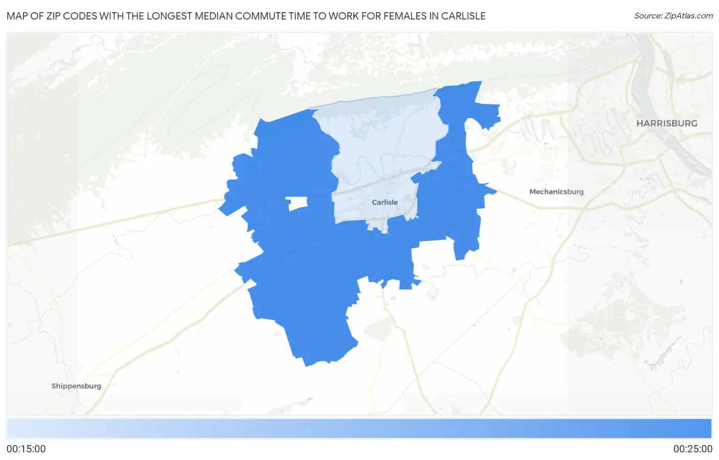Zip Codes with the Longest Median Commute Time to Work for Females in Carlisle Map