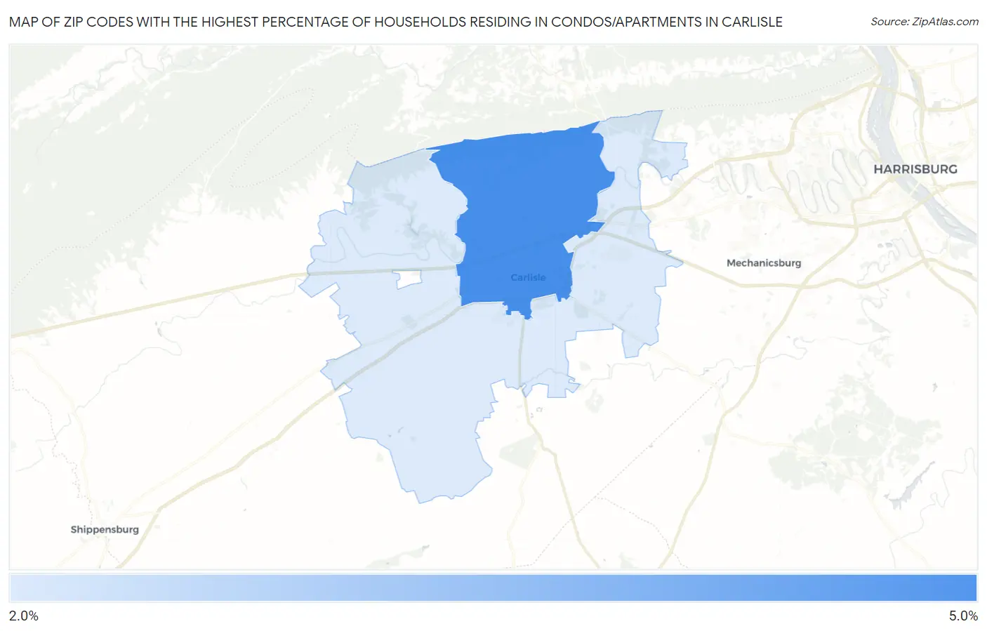Zip Codes with the Highest Percentage of Households Residing in Condos/Apartments in Carlisle Map