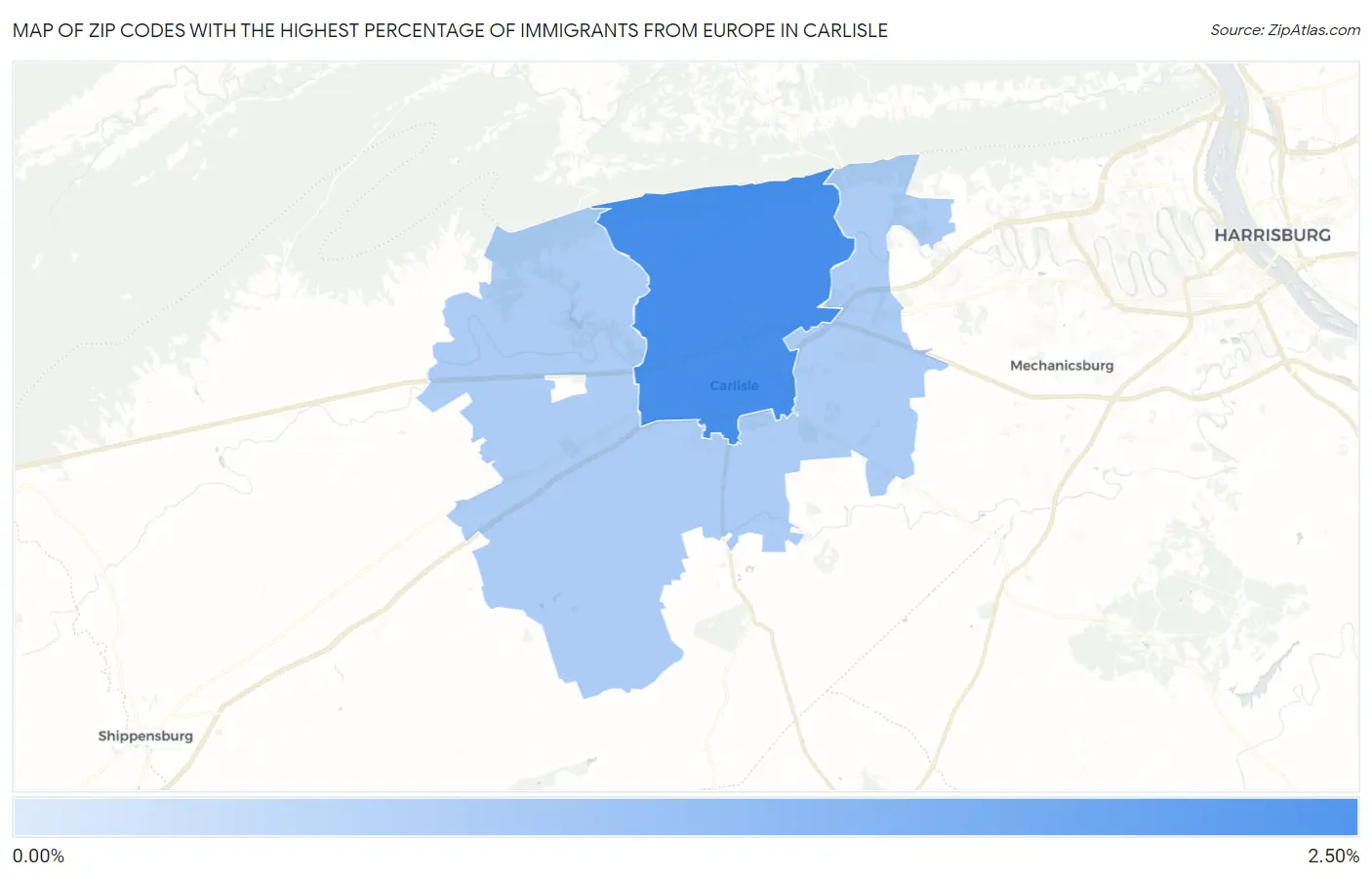 Zip Codes with the Highest Percentage of Immigrants from Europe in Carlisle Map