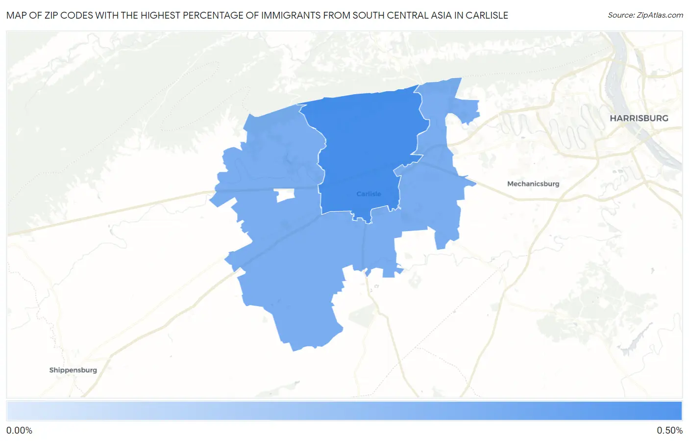 Zip Codes with the Highest Percentage of Immigrants from South Central Asia in Carlisle Map