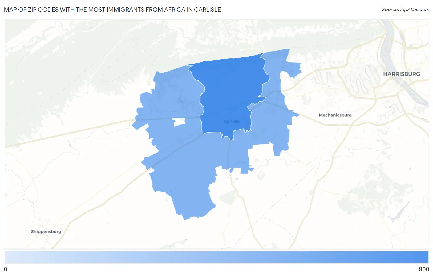 Zip Codes with the Most Immigrants from Africa in Carlisle Map