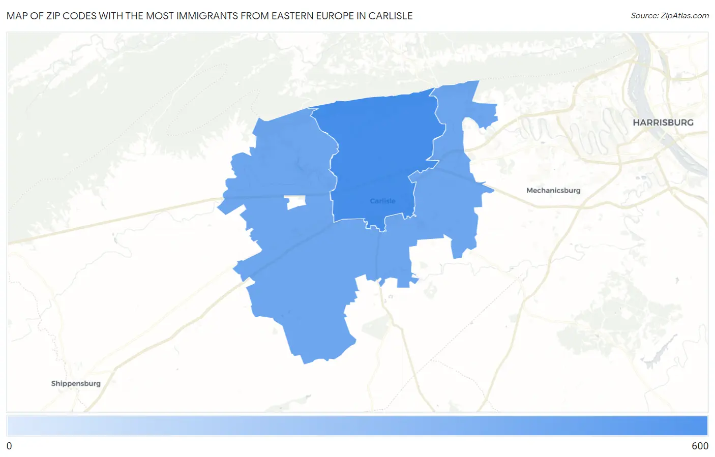 Zip Codes with the Most Immigrants from Eastern Europe in Carlisle Map