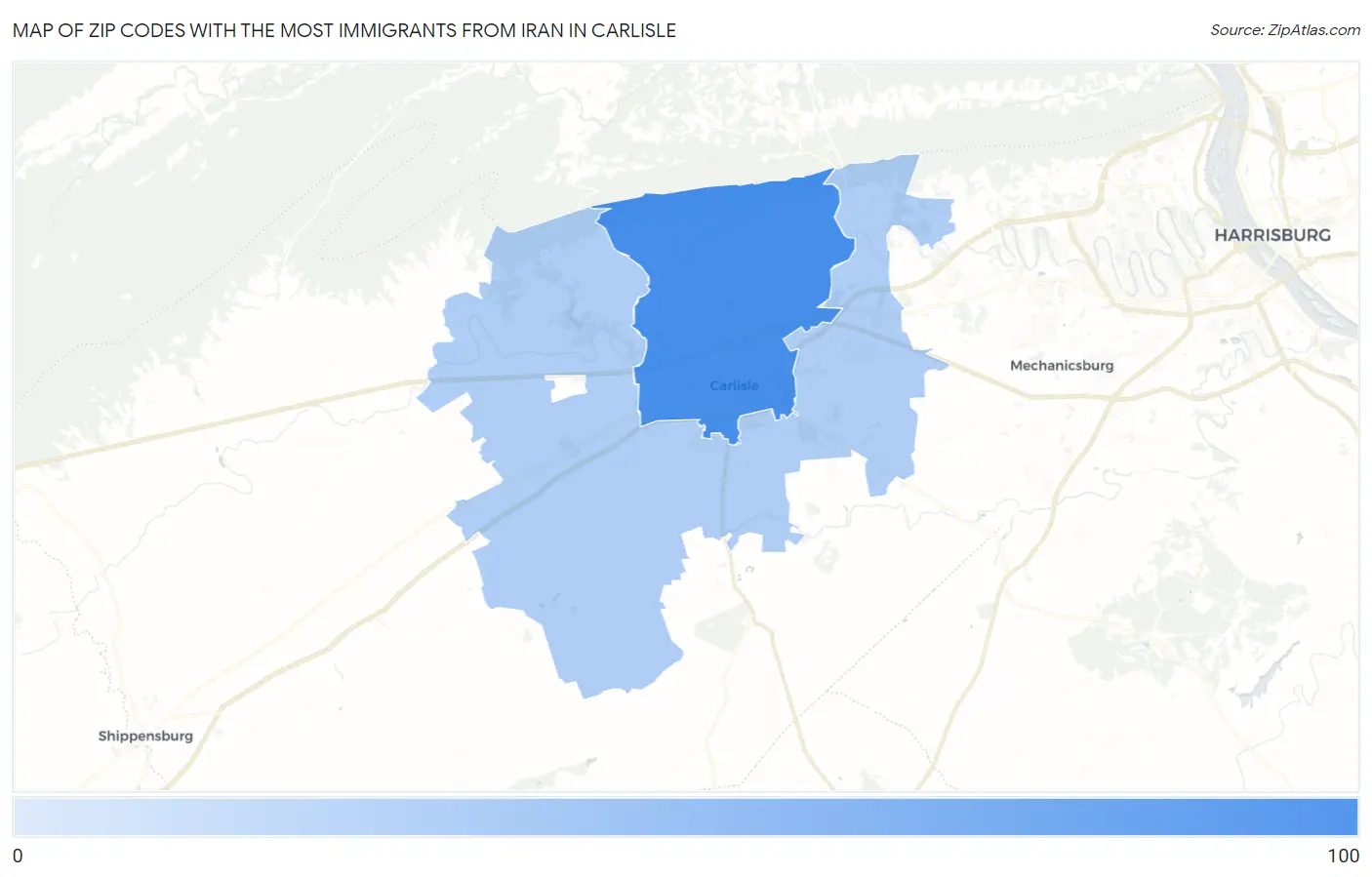 Zip Codes with the Most Immigrants from Iran in Carlisle Map