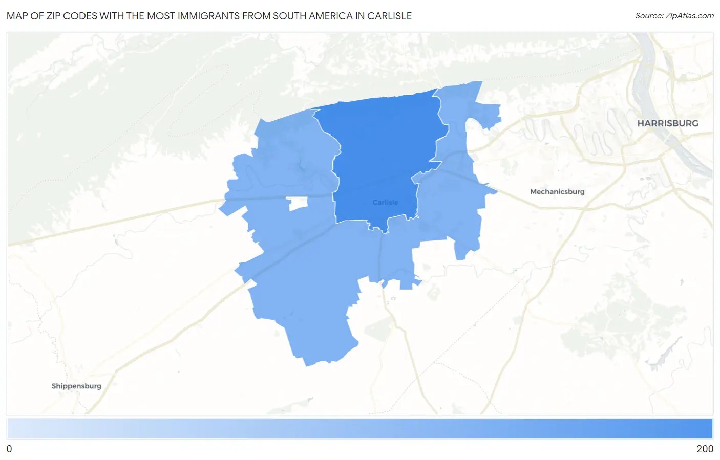 Zip Codes with the Most Immigrants from South America in Carlisle Map