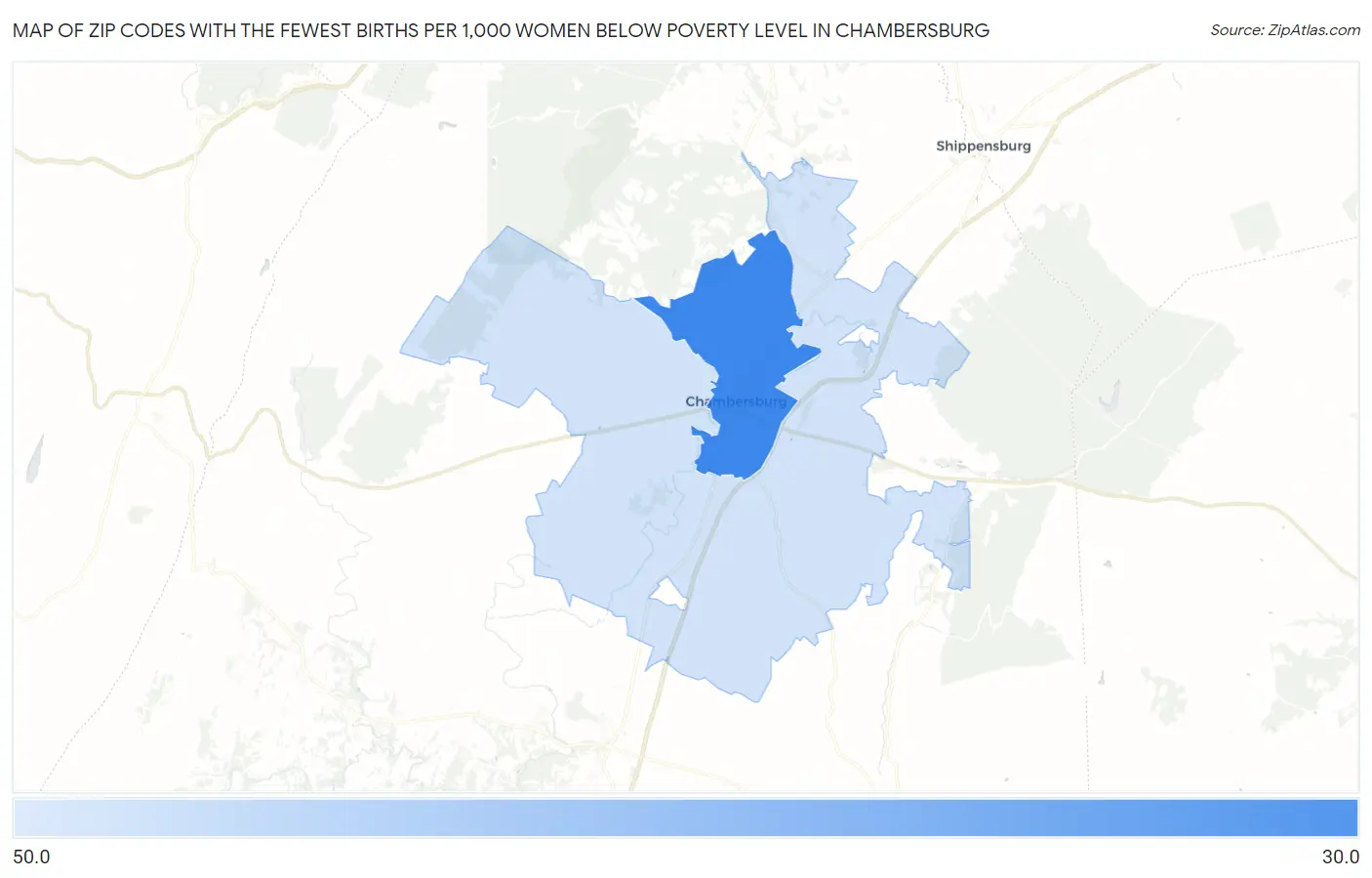 Zip Codes with the Fewest Births per 1,000 Women Below Poverty Level in Chambersburg Map