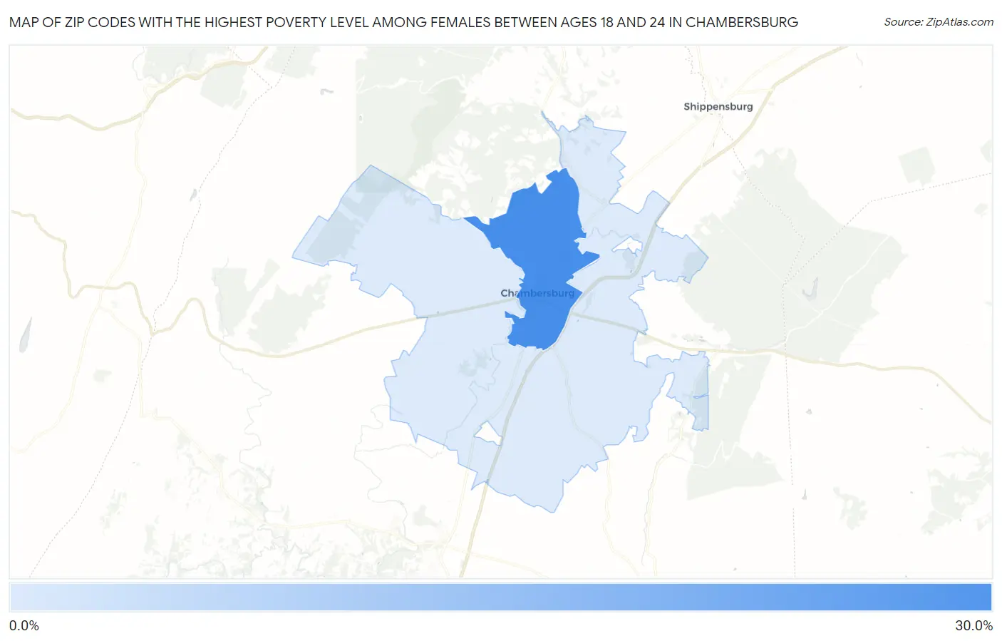 Zip Codes with the Highest Poverty Level Among Females Between Ages 18 and 24 in Chambersburg Map