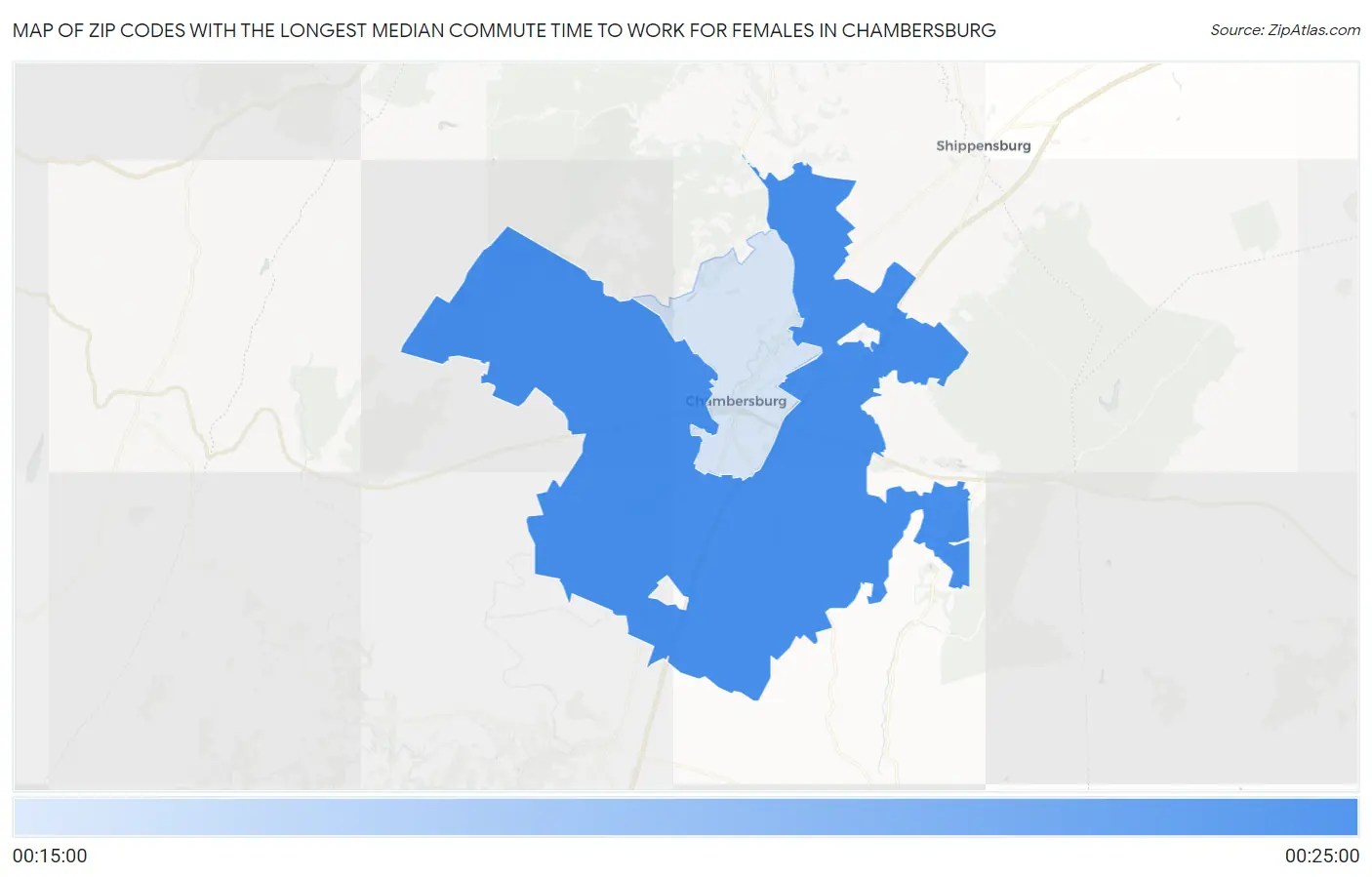 Zip Codes with the Longest Median Commute Time to Work for Females in Chambersburg Map