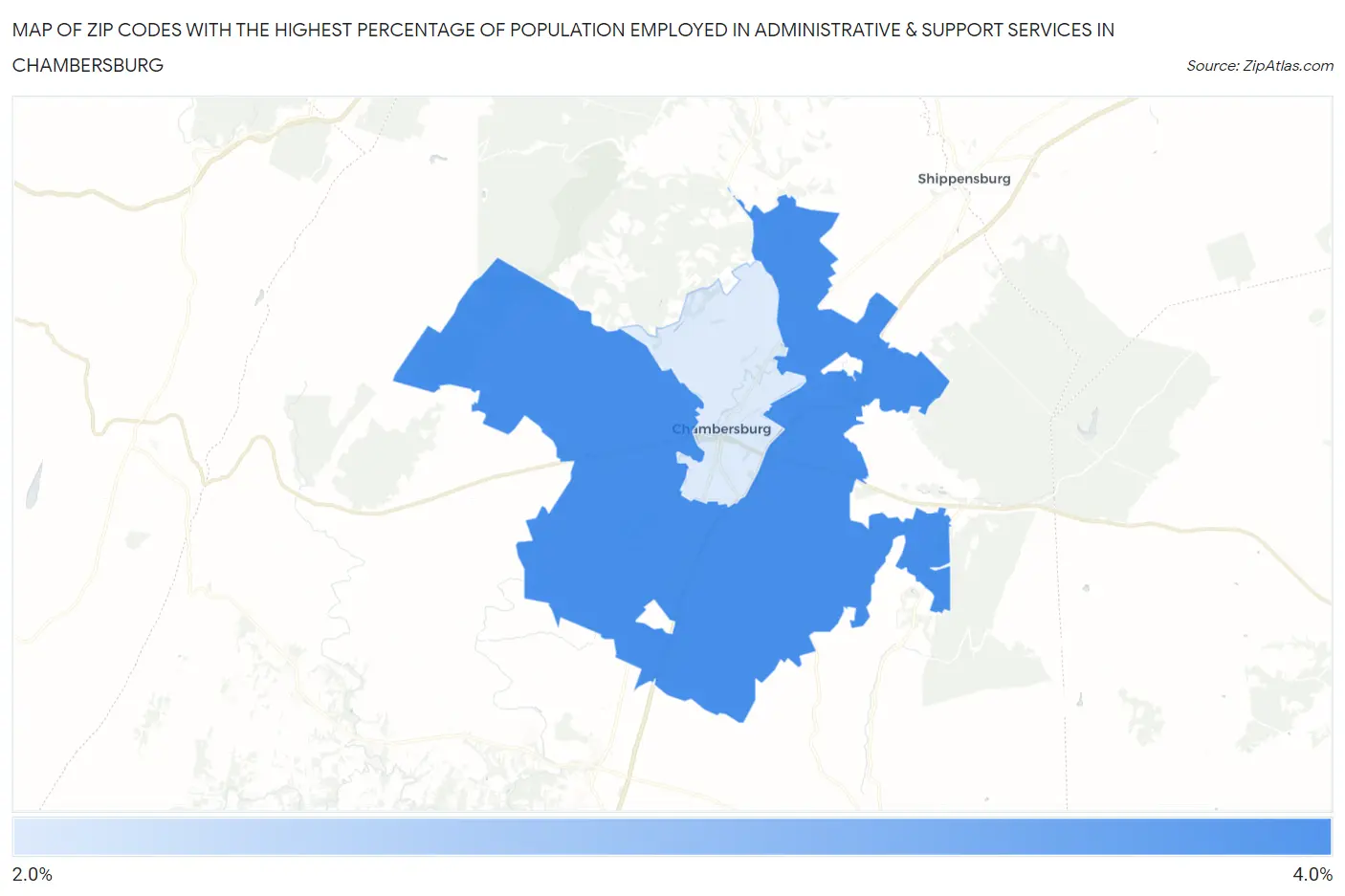 Zip Codes with the Highest Percentage of Population Employed in Administrative & Support Services in Chambersburg Map