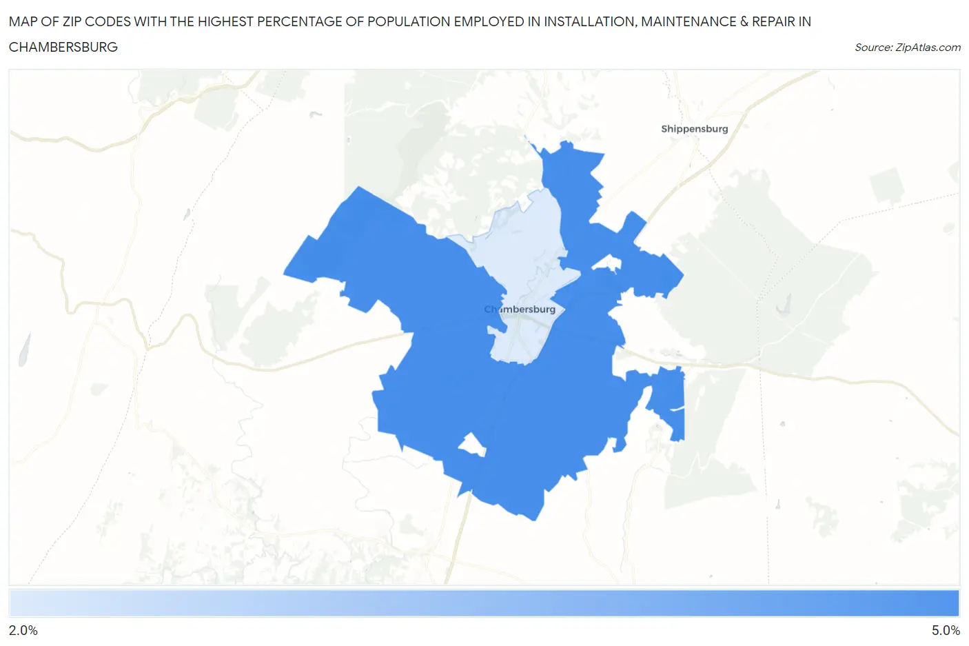 Zip Codes with the Highest Percentage of Population Employed in Installation, Maintenance & Repair in Chambersburg Map