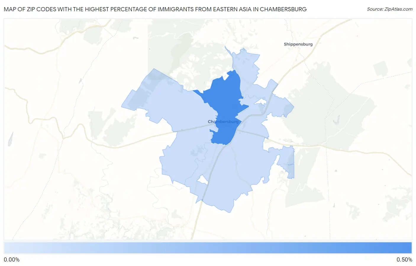 Zip Codes with the Highest Percentage of Immigrants from Eastern Asia in Chambersburg Map
