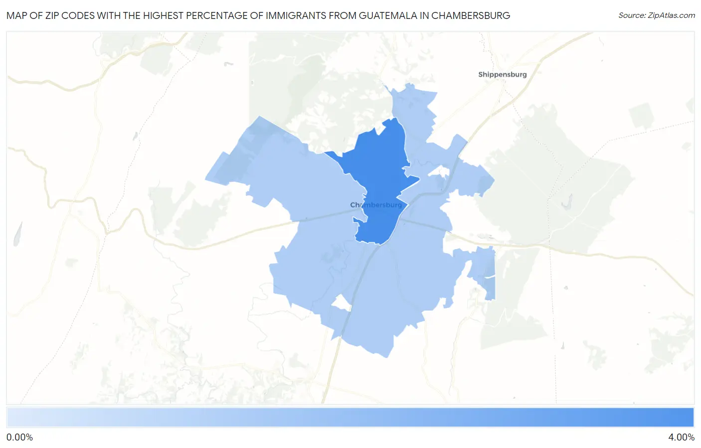 Zip Codes with the Highest Percentage of Immigrants from Guatemala in Chambersburg Map